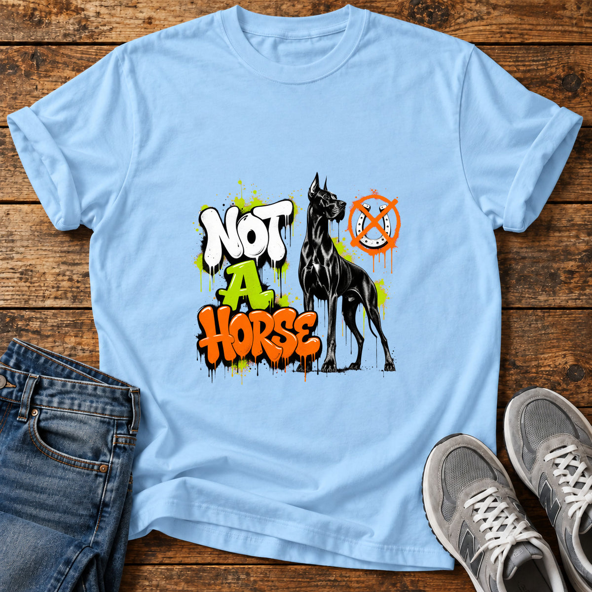 Not A Horse Great Dane graphic T-shirt in Light Blue, shown on a flat-lay shirt mockup