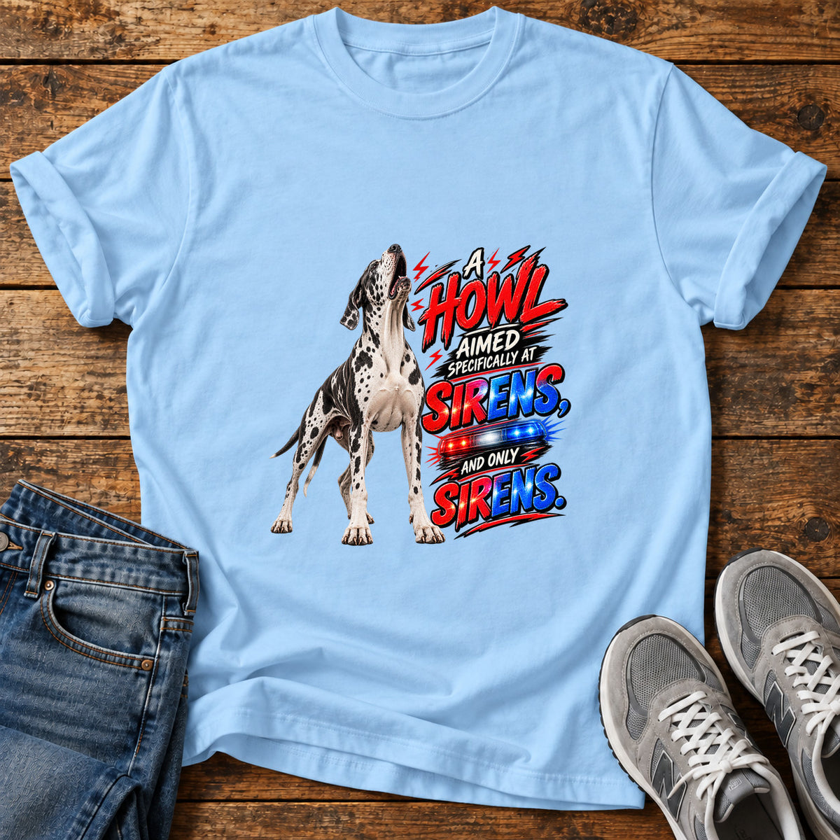 Howl Sirens Great Dane graphic T-shirt in Light Blue, shown on a flat-lay shirt mockup