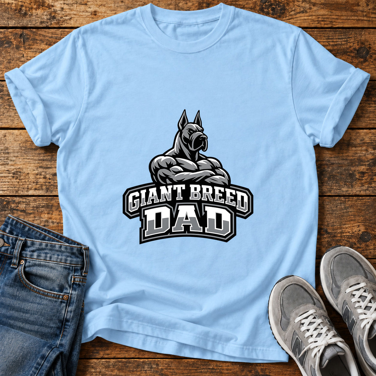 Giant Breed Dad Great Dane graphic T-shirt in Light Blue, shown on a flat-lay shirt mockup