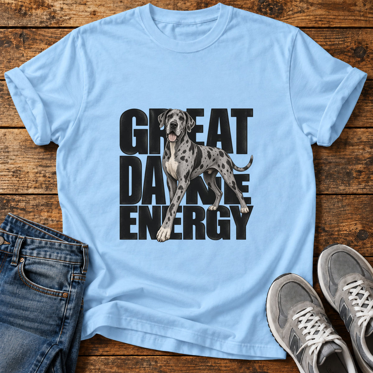Great Dane Energy graphic T-shirt in Light Blue, shown on a flat-lay shirt mockup