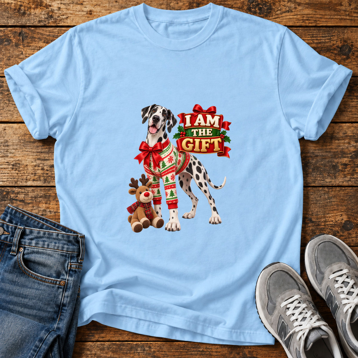 I Am Gift Great Dane graphic T-shirt in Light Blue, shown on a flat-lay shirt mockup