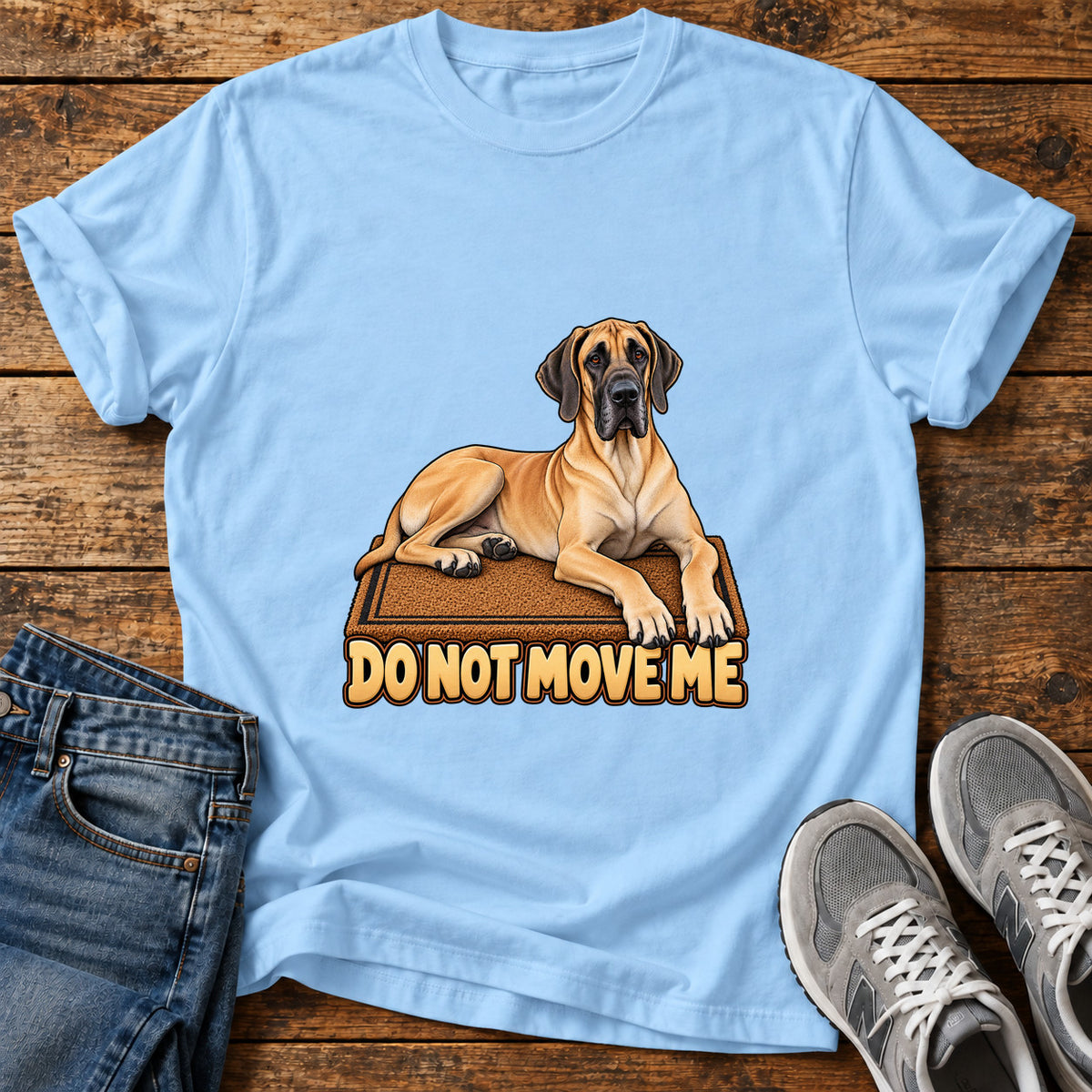 Do Not Move Great Dane graphic T-shirt in Light Blue, shown on a flat-lay shirt mockup