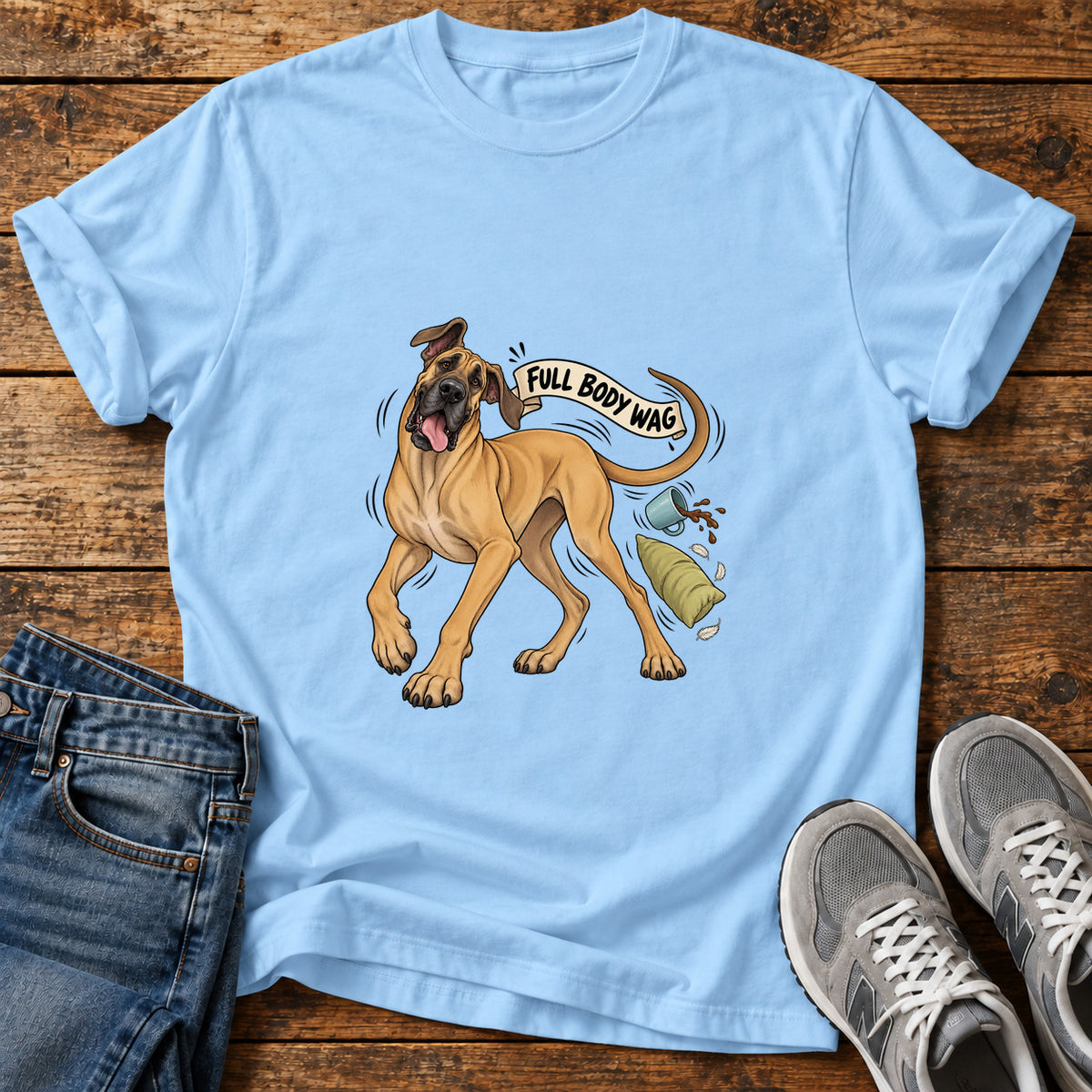 Full Body Wag Great Dane graphic T-shirt in Light Blue, shown on a flat-lay shirt mockup