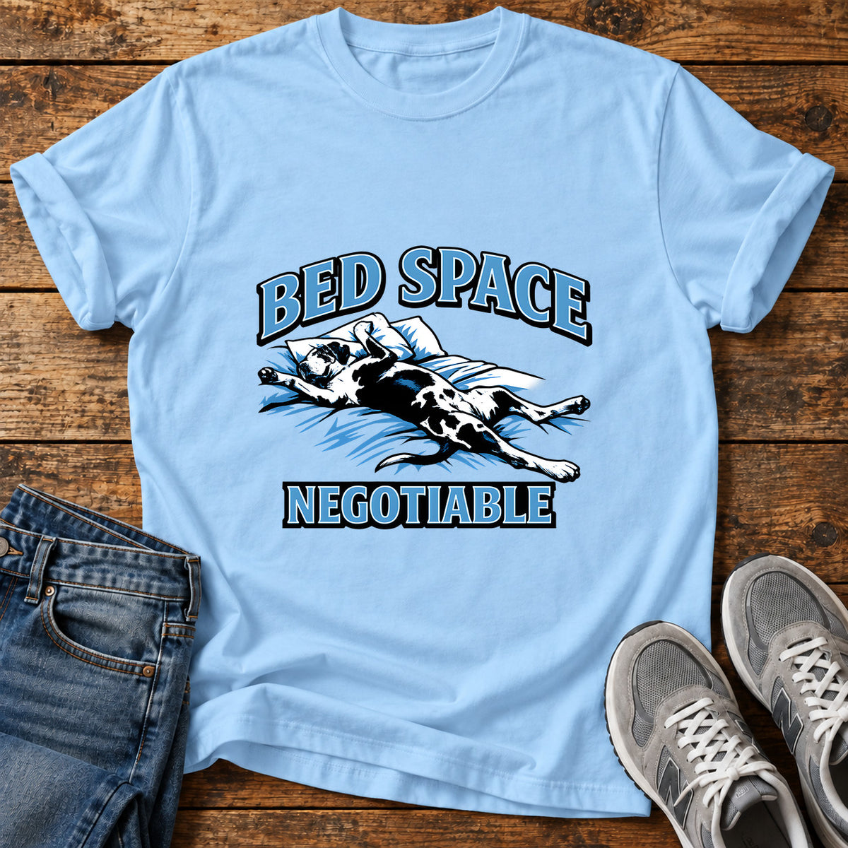 Bed Space Negotiable Great Dane graphic T-shirt in Light Blue, shown on a flat-lay shirt mockup