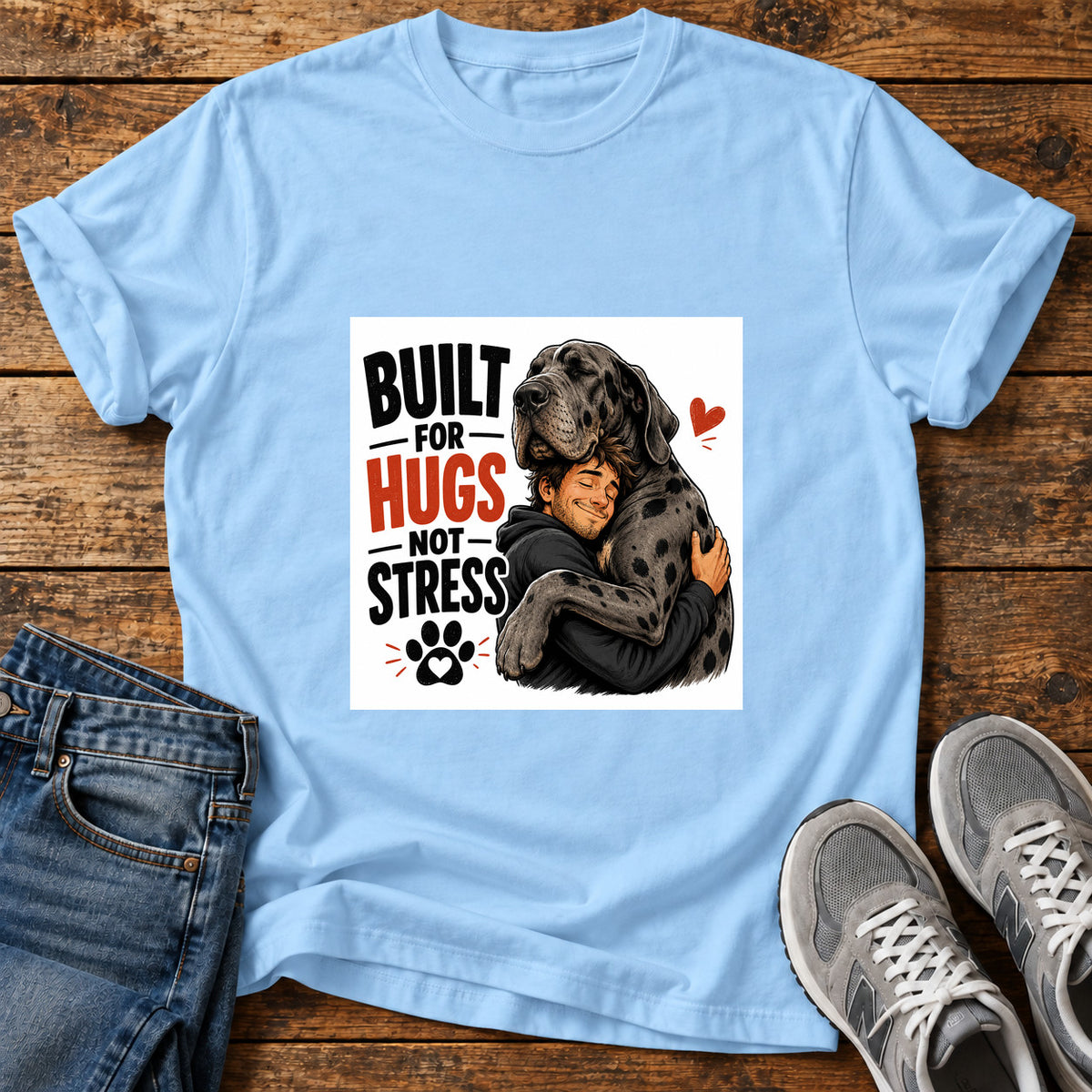 Built For Hugs Great Dane graphic T-shirt in Light Blue, shown on a flat-lay shirt mockup