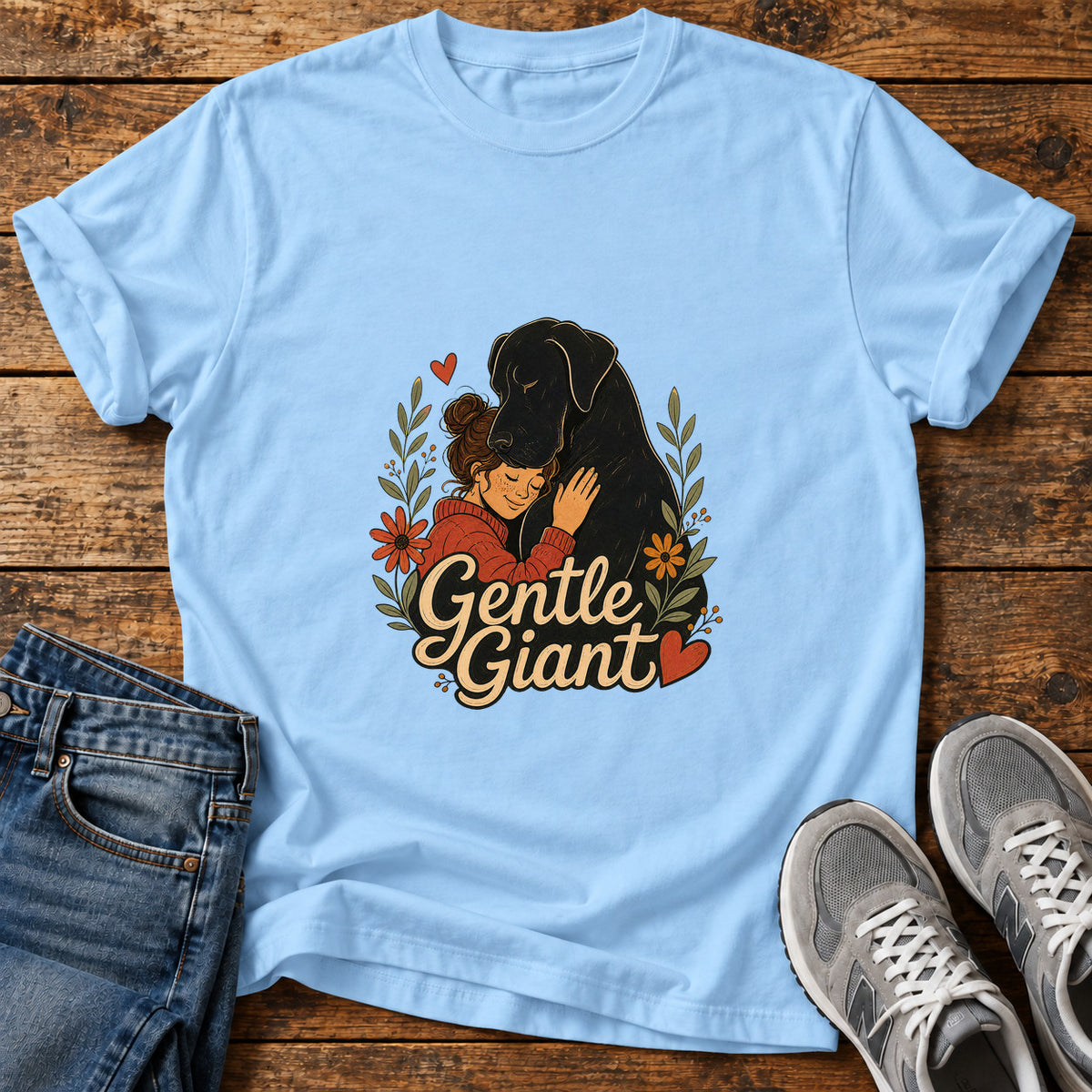 Gentle Giant Great Dane graphic T-shirt in Light Blue, shown on a flat-lay shirt mockup
