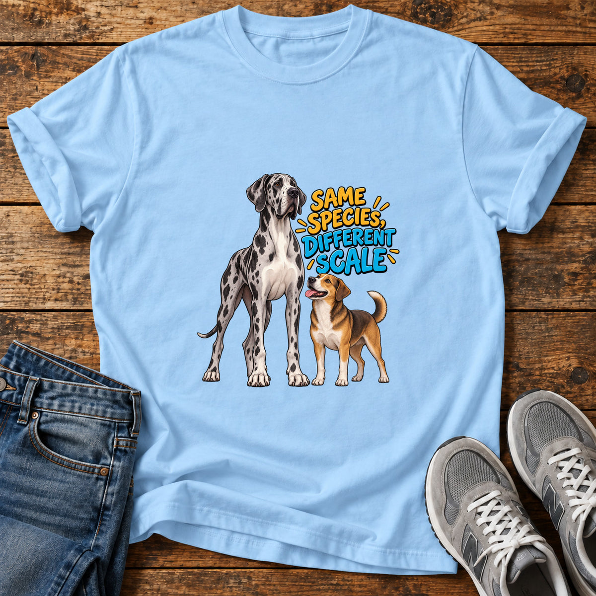 Same Species Great Dane graphic T-shirt in Light Blue, shown on a flat-lay shirt mockup