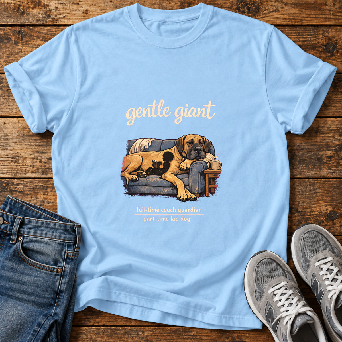 Gentle Giant Great Dane graphic T-shirt in Light Blue, shown on a flat-lay shirt mockup