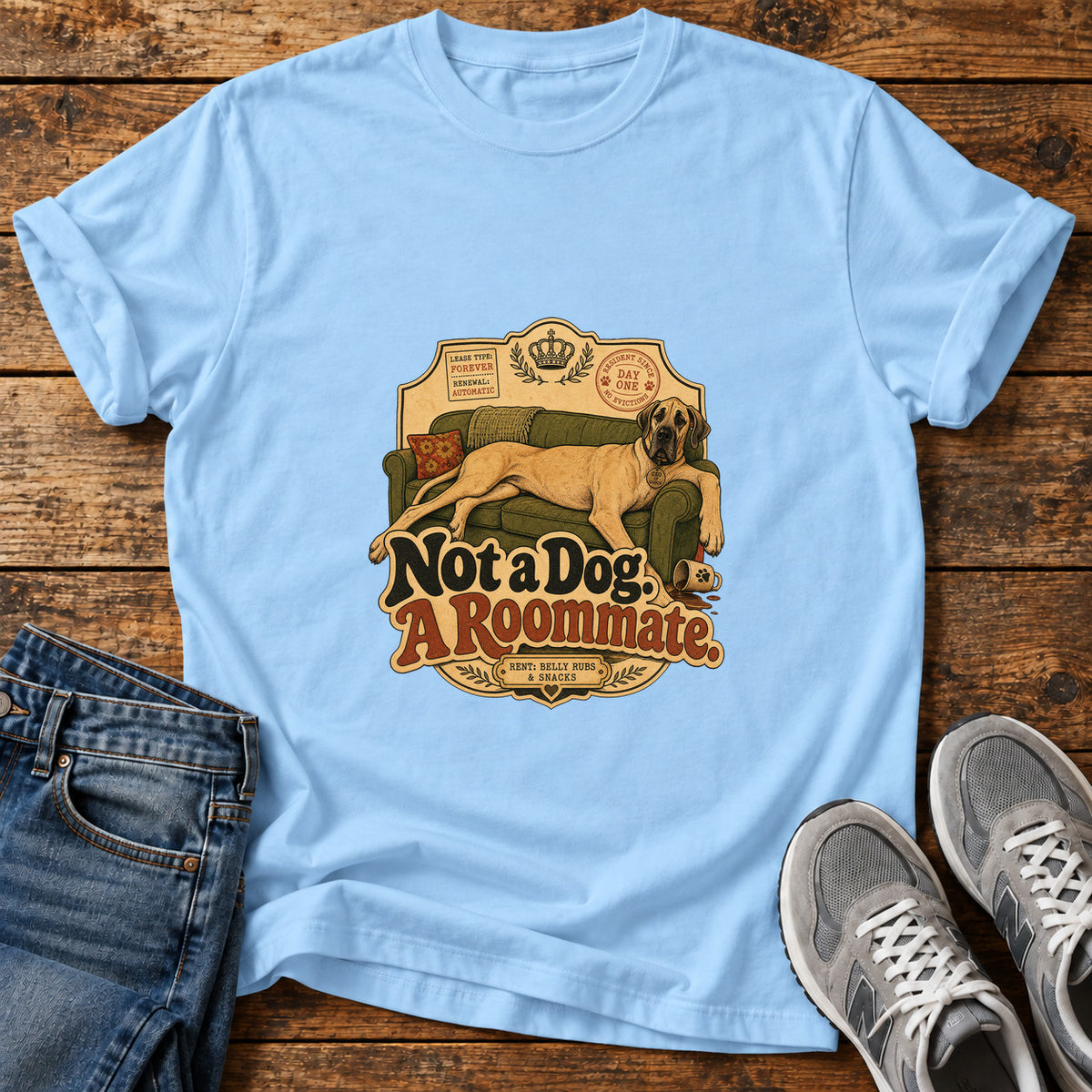 Not a Dog Great Dane graphic T-shirt in Light Blue, shown on a flat-lay shirt mockup