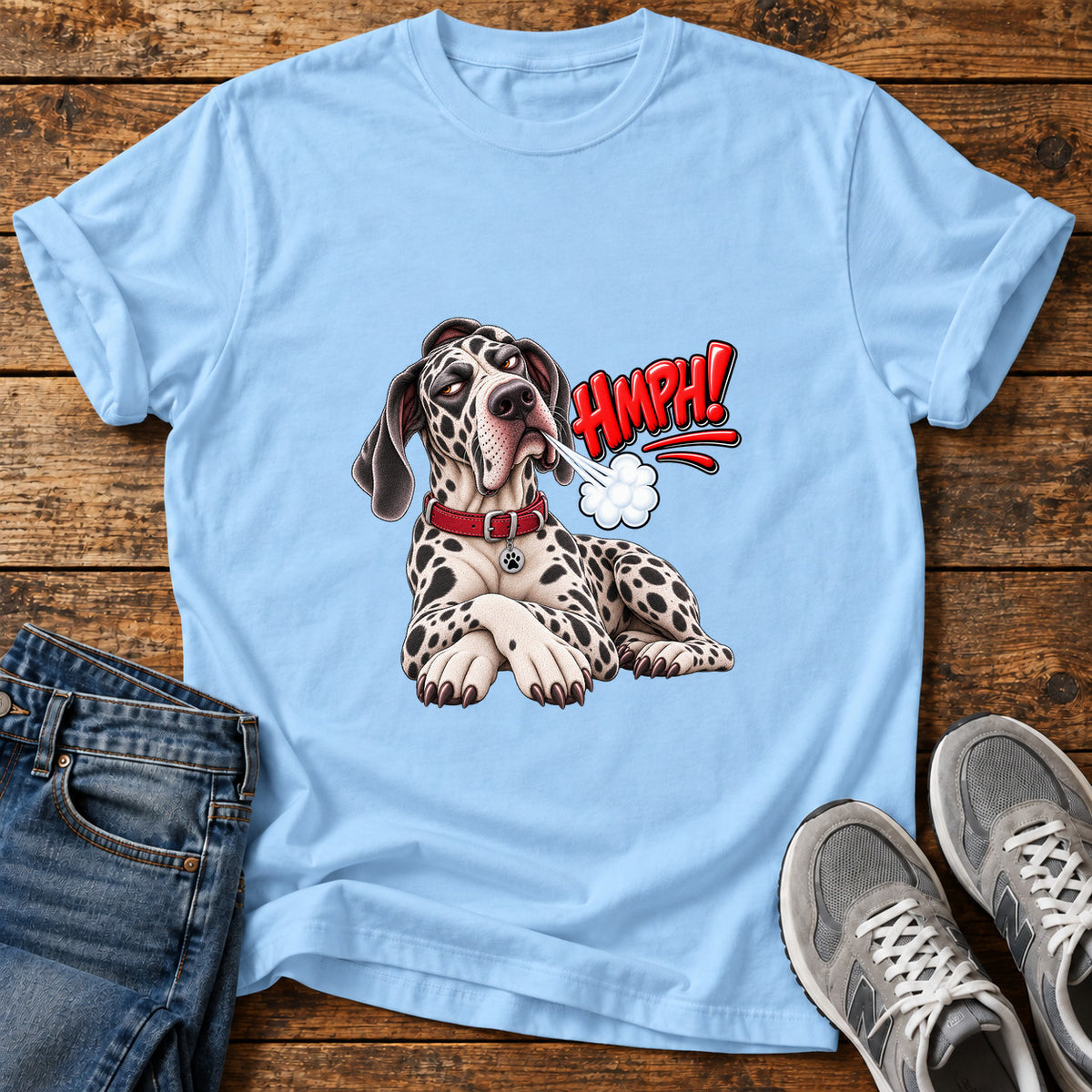 Hmph Pooch Great Dane graphic T-shirt in Light Blue, shown on a flat-lay shirt mockup