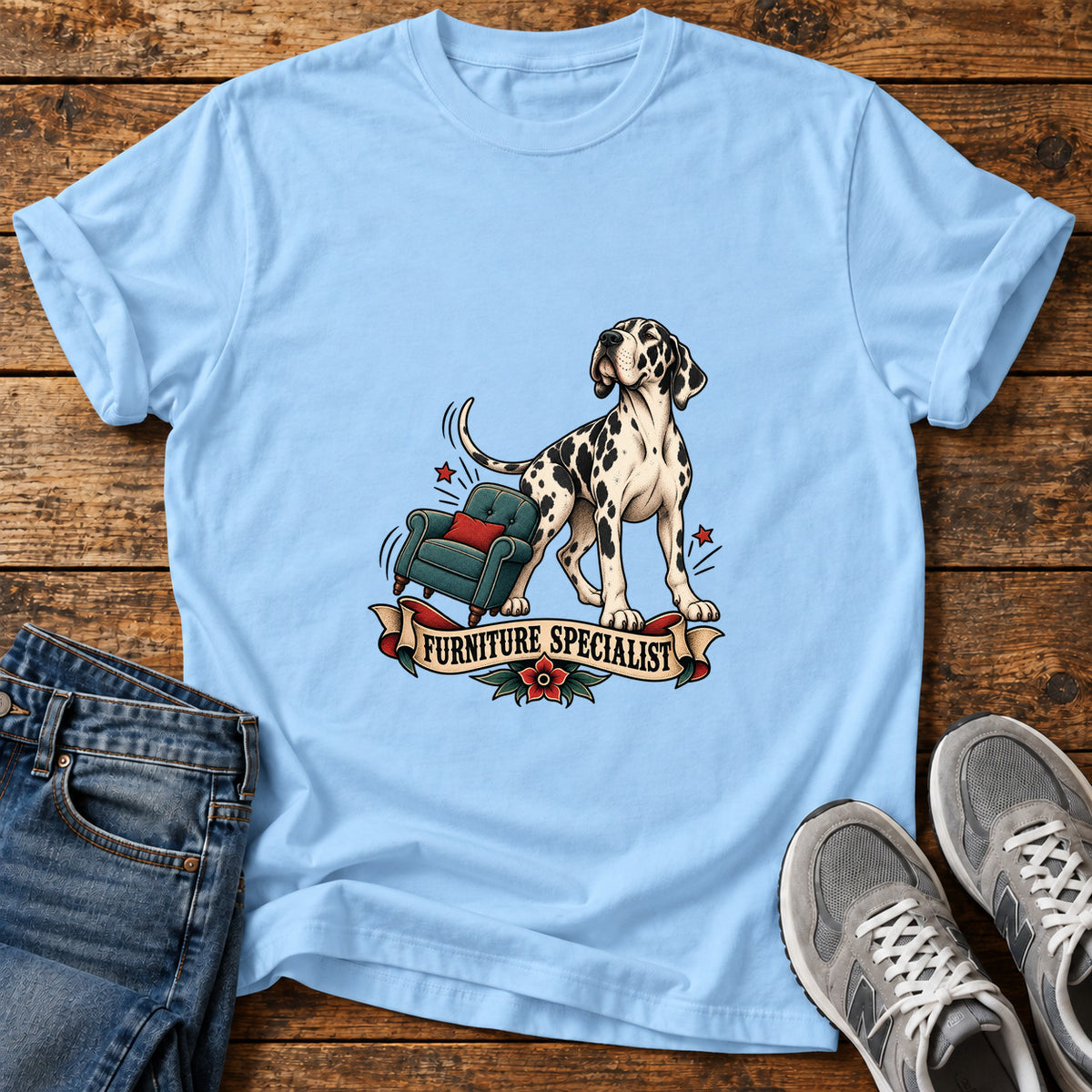 Furniture Specialist Great Dane graphic T-shirt in Light Blue, shown on a flat-lay shirt mockup