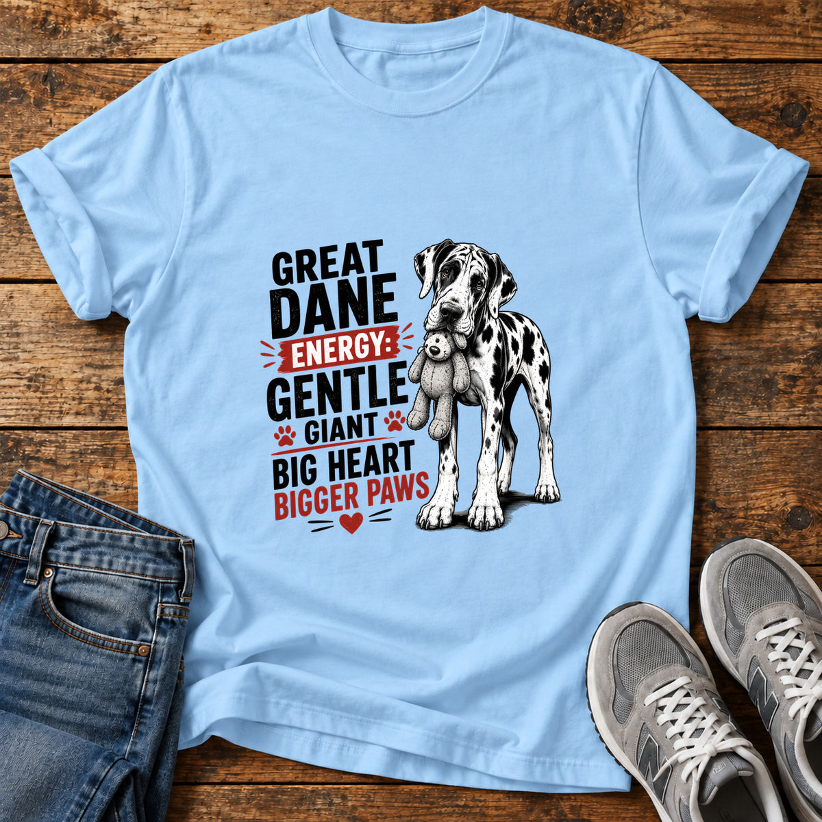 Great Dane Energy graphic T-shirt in Light Blue, shown on a flat-lay shirt mockup