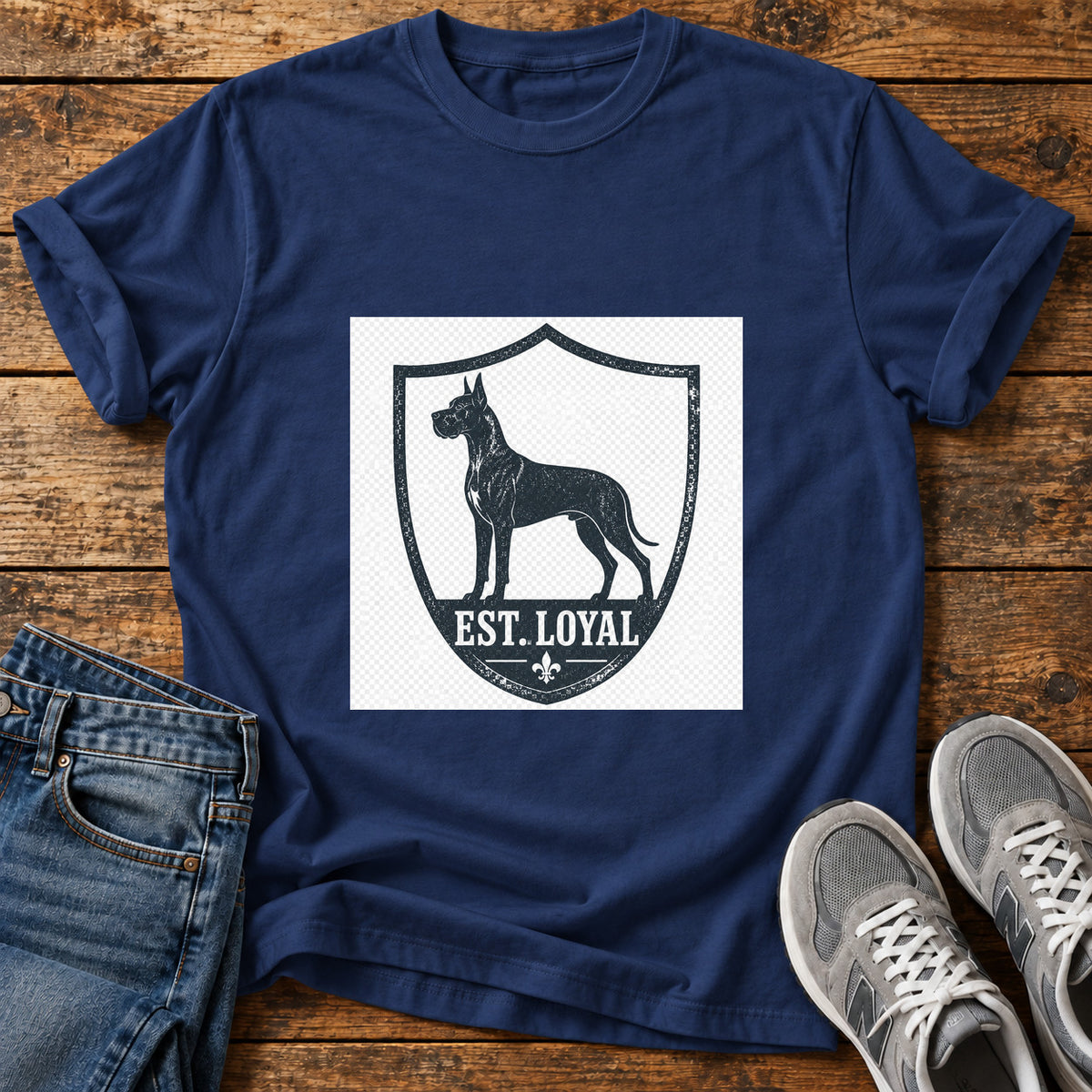 Est Loyal Great Dane graphic T-shirt in Navy, shown on a flat-lay shirt mockup