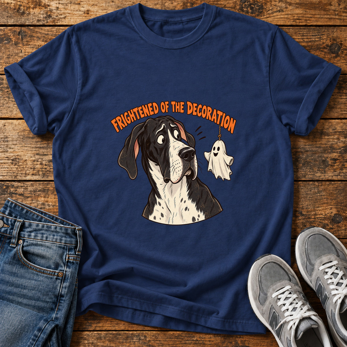 Frightened Decoration Great Dane graphic T-shirt in Navy, shown on a flat-lay shirt mockup