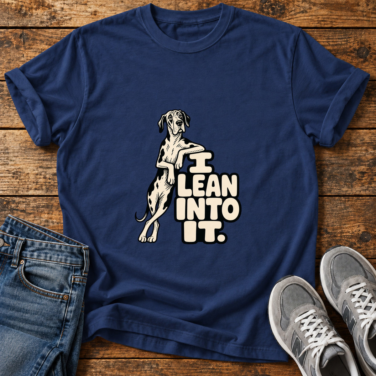 Lean Into It Great Dane graphic T-shirt in Navy, shown on a flat-lay shirt mockup