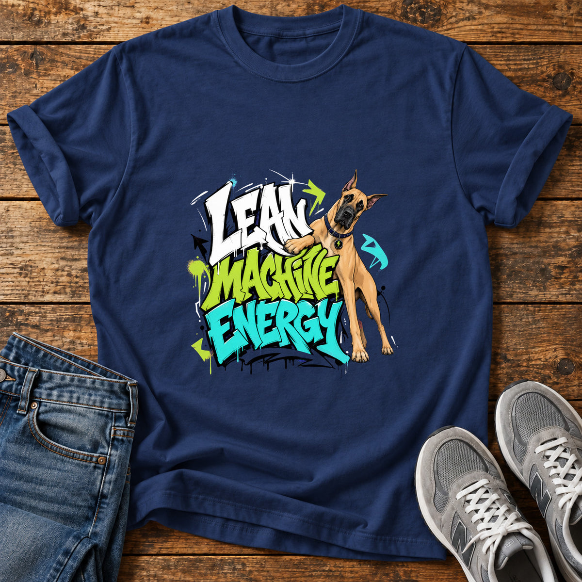Lean Machine Energy Great Dane graphic T-shirt in Navy, shown on a flat-lay shirt mockup