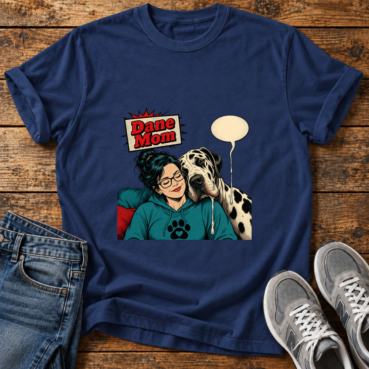 Dane Mom Great Dane graphic T-shirt in Navy, shown on a flat-lay shirt mockup