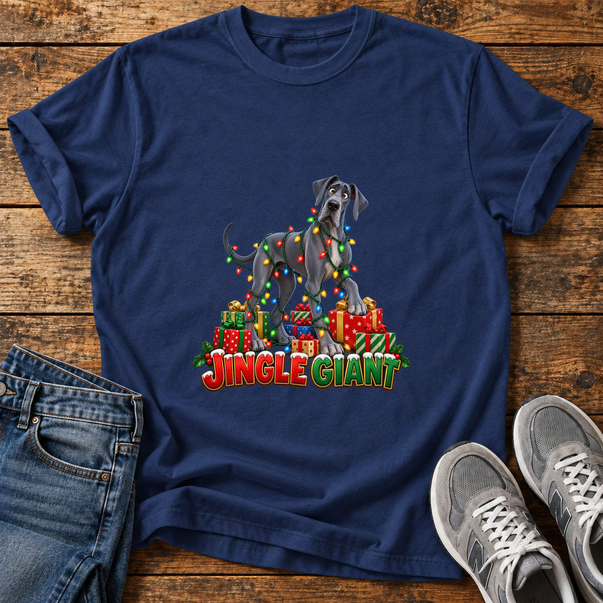 Jingle Giant Great Dane graphic T-shirt in Navy, shown on a flat-lay shirt mockup