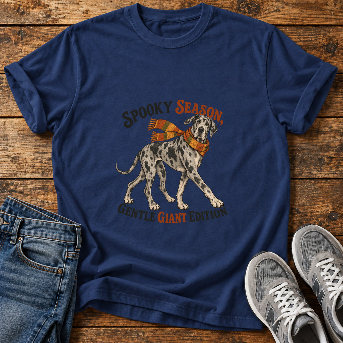 Spooky Giant Edition Great Dane graphic T-shirt in Navy, shown on a flat-lay shirt mockup