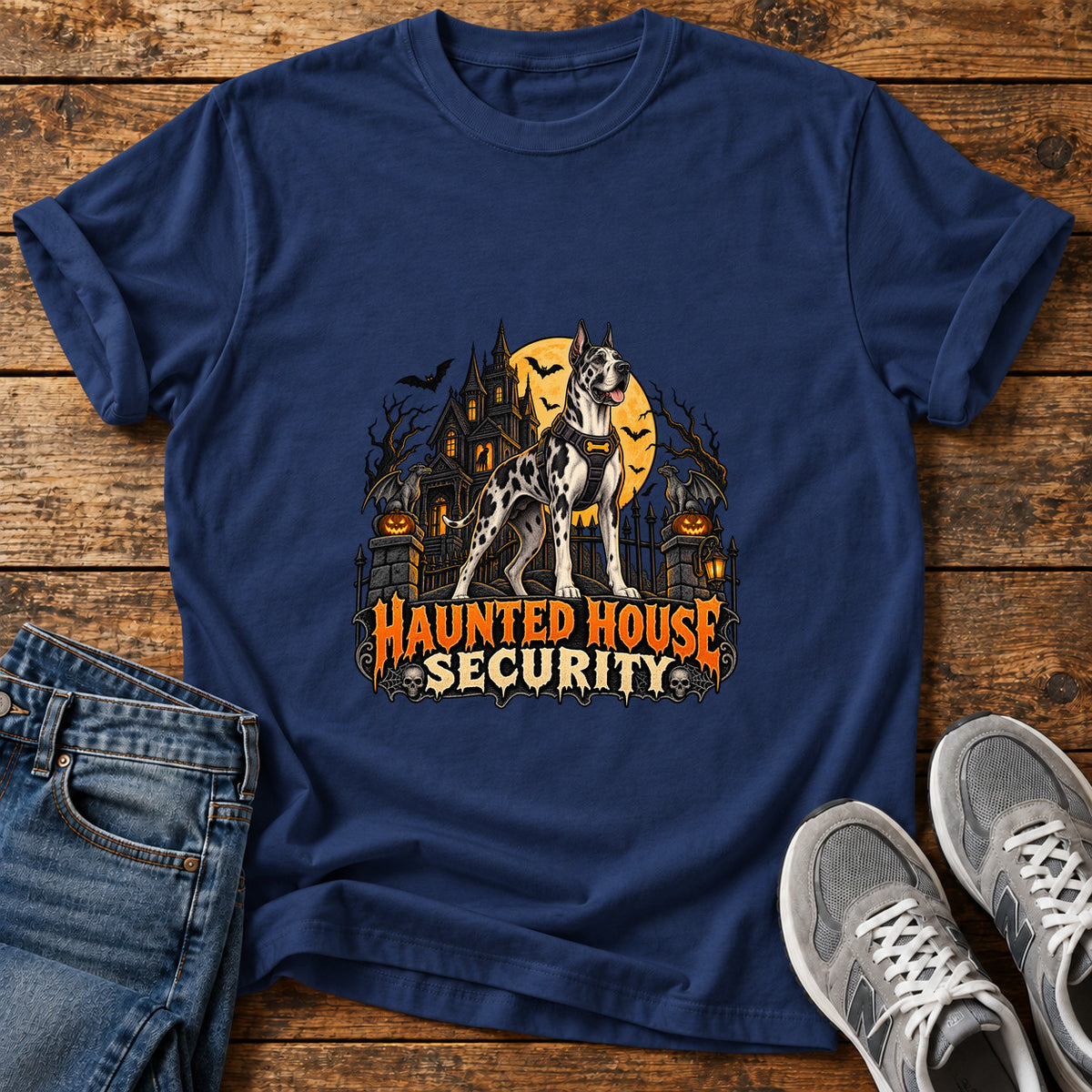 Haunted House Security Great Dane graphic T-shirt in Navy, shown on a flat-lay shirt mockup