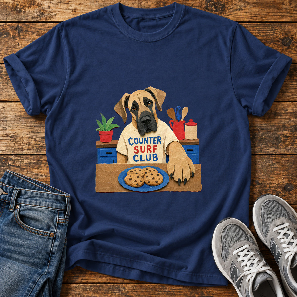 Counter Surf Club Great Dane graphic T-shirt in Navy, shown on a flat-lay shirt mockup