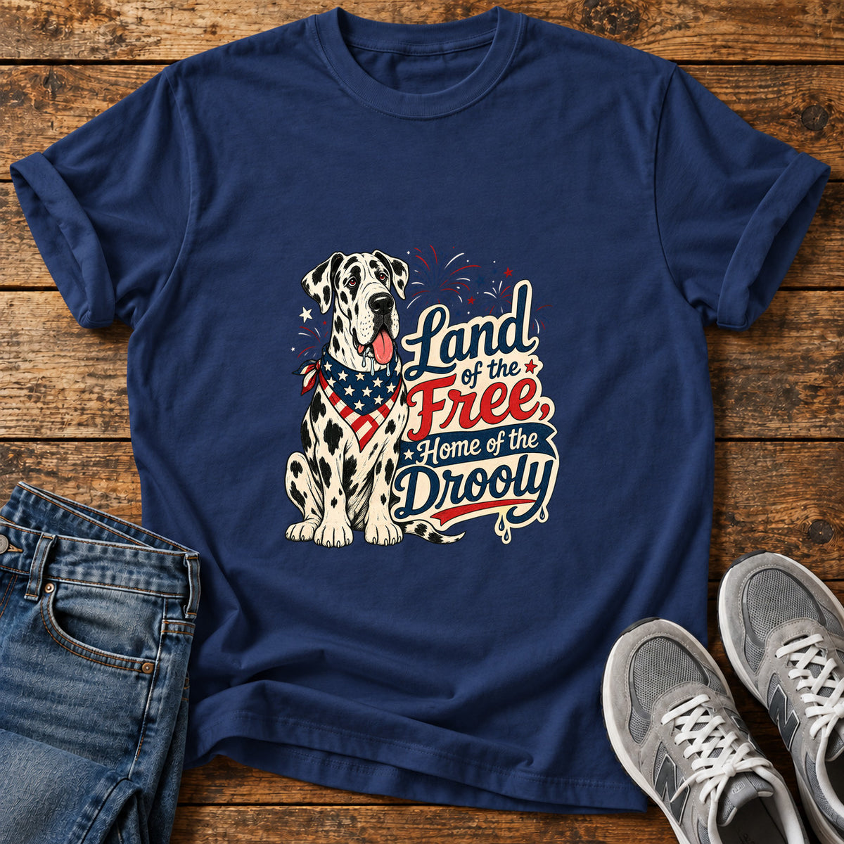 Land of Drooly Great Dane graphic T-shirt in Navy, shown on a flat-lay shirt mockup