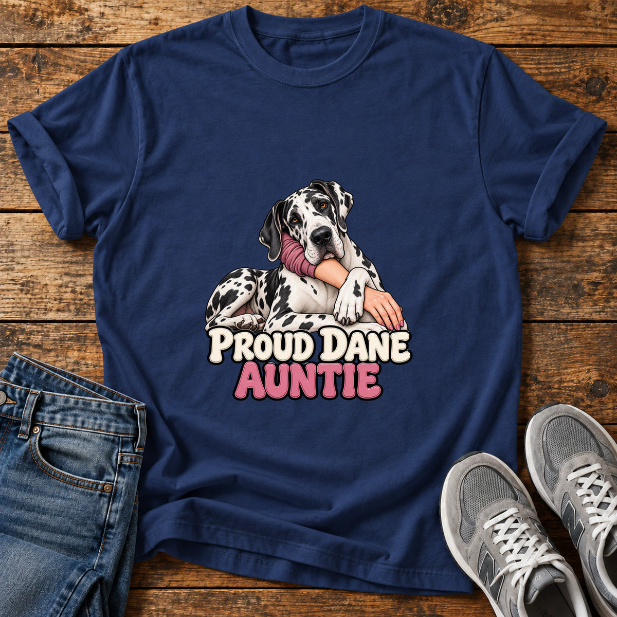 Proud Dane Auntie Great Dane graphic T-shirt in Navy, shown on a flat-lay shirt mockup