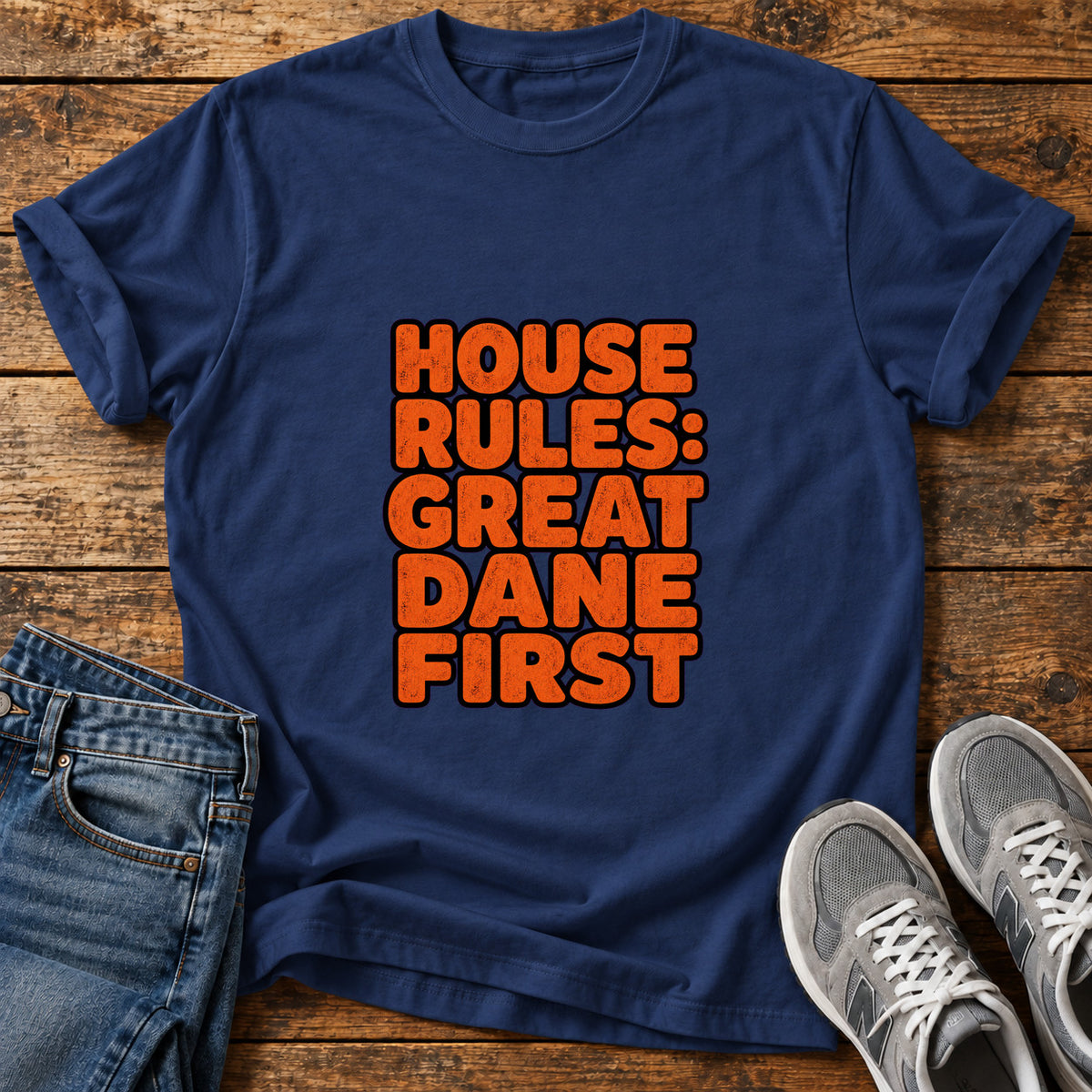 Great Dane Rules graphic T-shirt in Navy, shown on a flat-lay shirt mockup