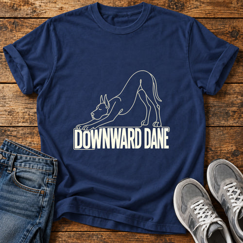 Downward Dane Great Dane graphic T-shirt in Navy, shown on a flat-lay shirt mockup