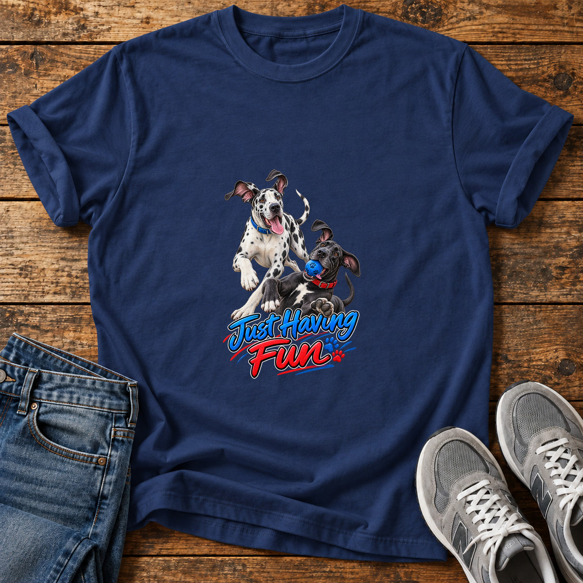 Just Having Fun Great Dane graphic T-shirt in Navy, shown on a flat-lay shirt mockup