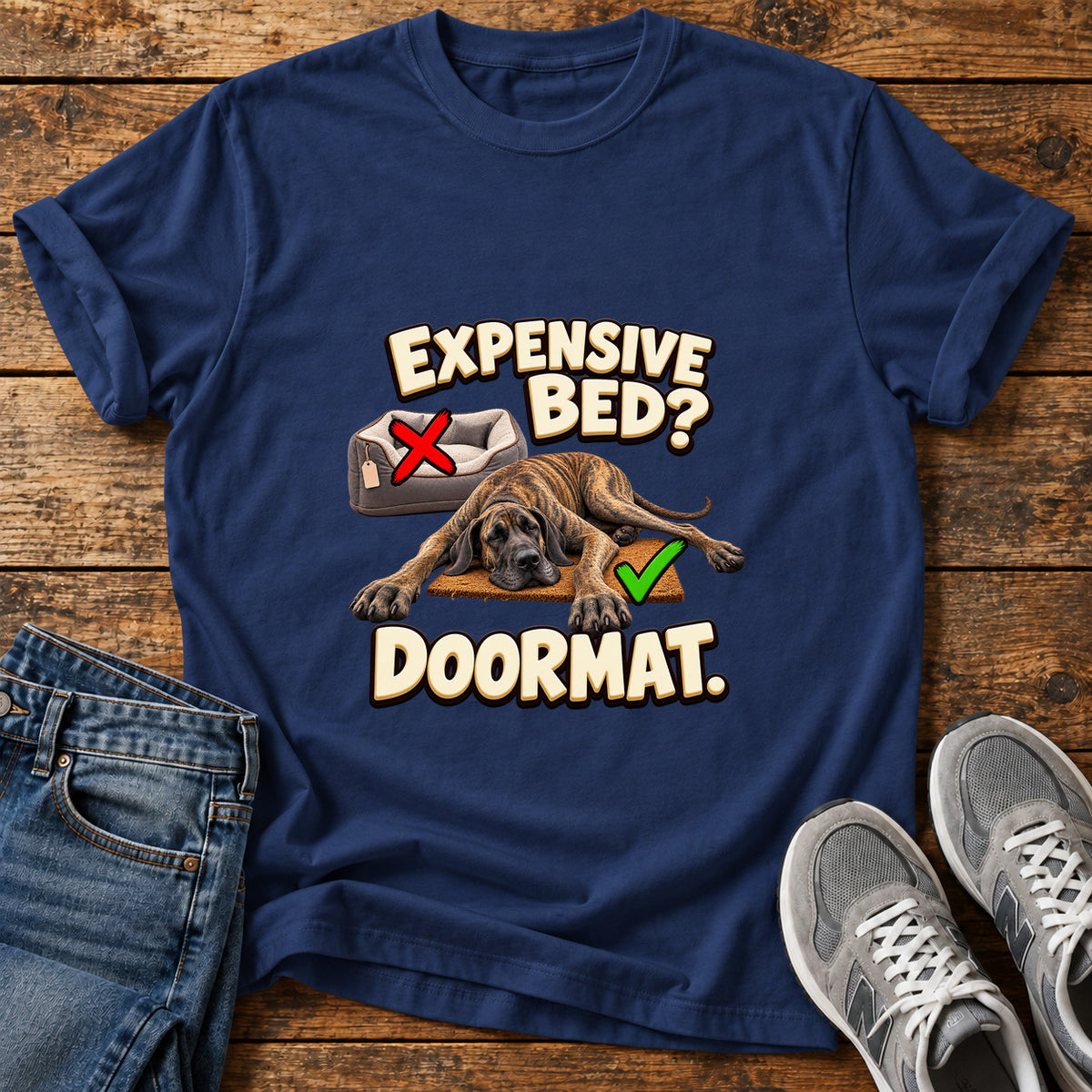 Expensive Bed Doormat Great Dane graphic T-shirt in Navy, shown on a flat-lay shirt mockup
