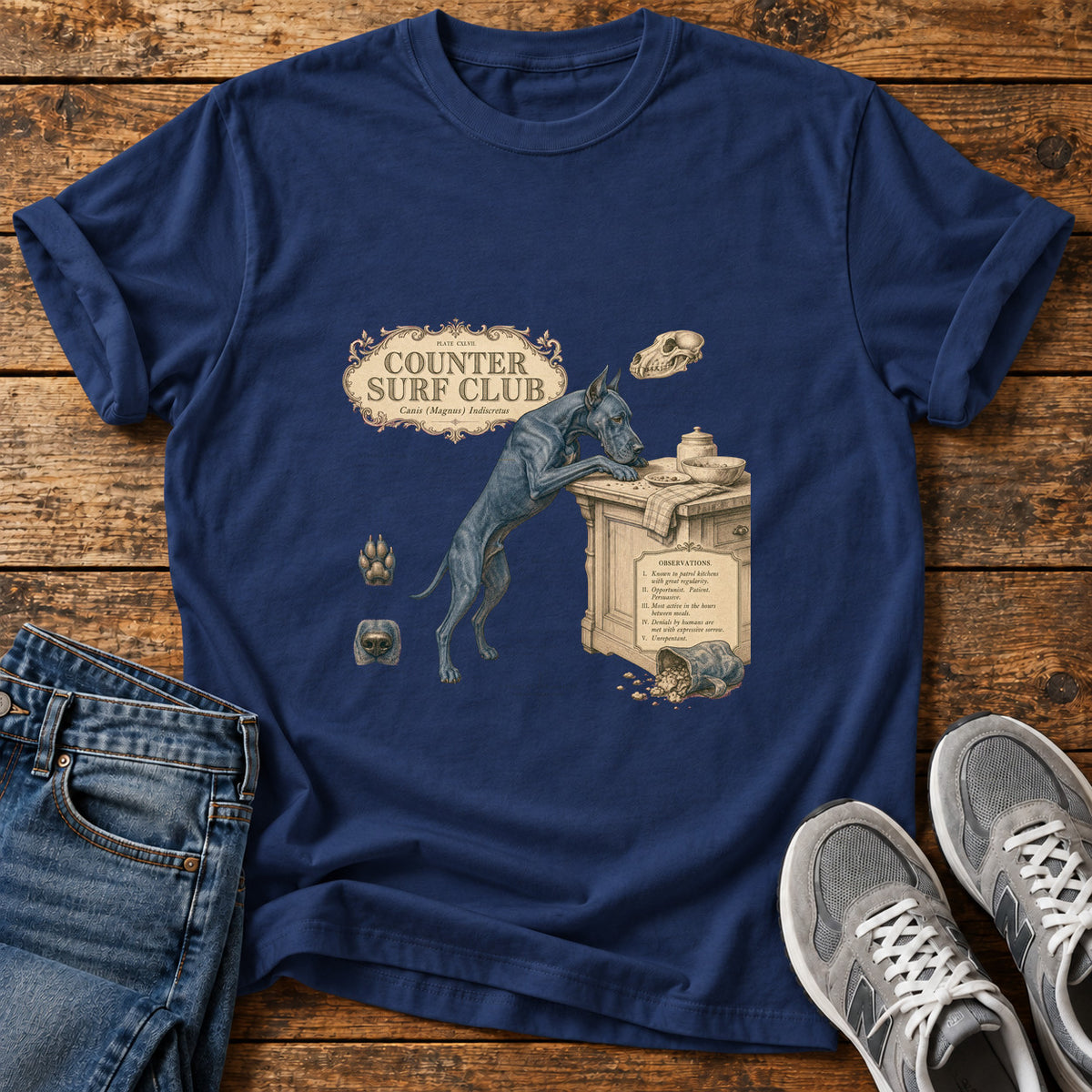 Counter Surf Club Great Dane graphic T-shirt in Navy, shown on a flat-lay shirt mockup