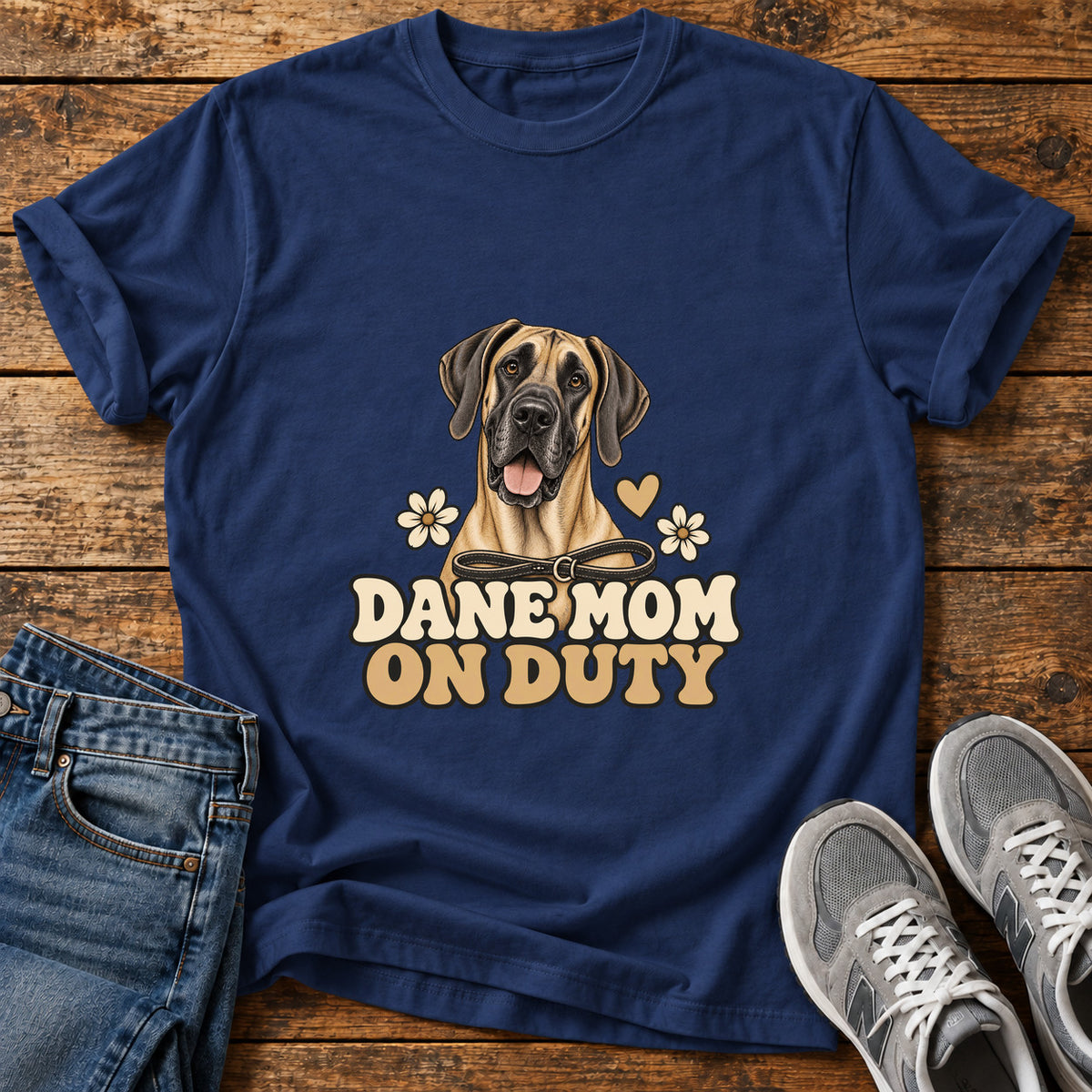 Dane Mom Duty Great Dane graphic T-shirt in Navy, shown on a flat-lay shirt mockup