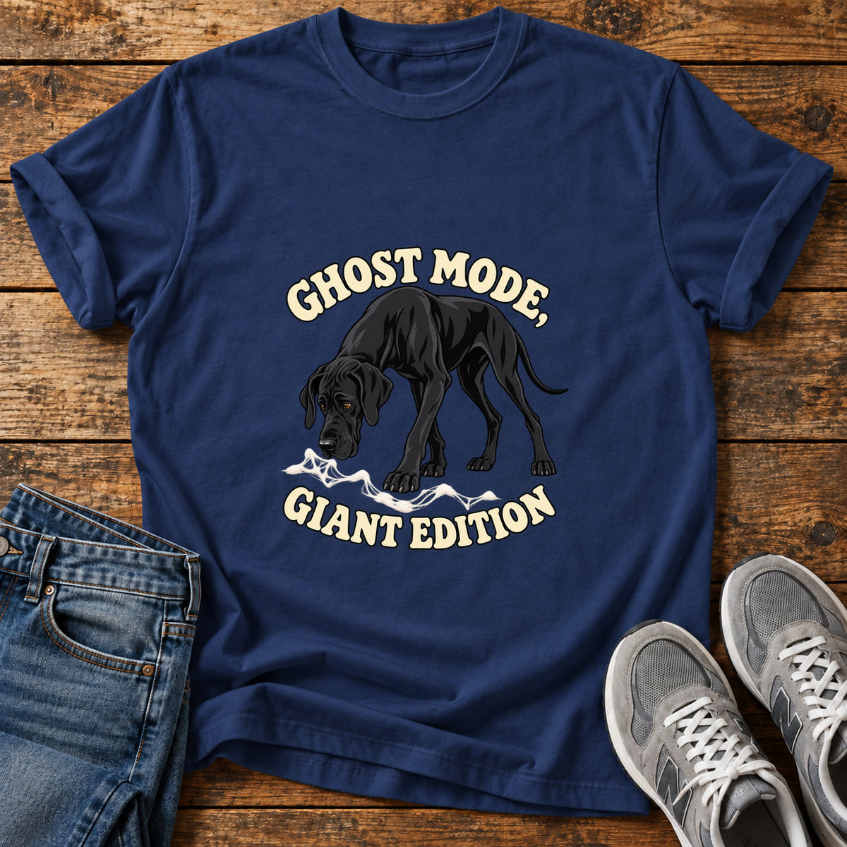 Ghost Mode Giant Great Dane graphic T-shirt in Navy, shown on a flat-lay shirt mockup