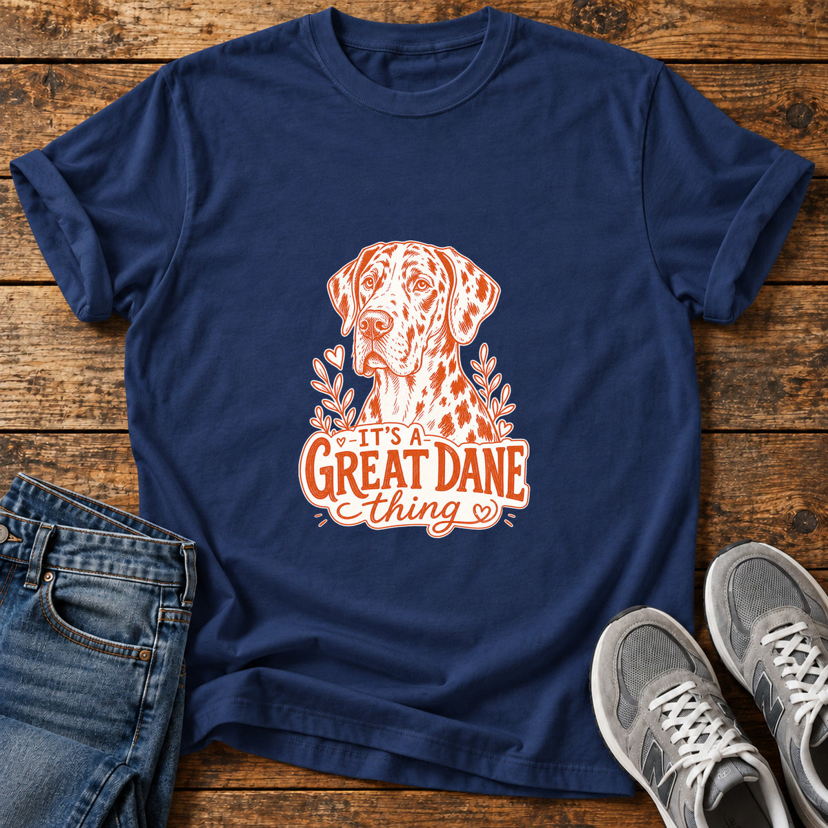 Great Dane Thing graphic T-shirt in Navy, shown on a flat-lay shirt mockup