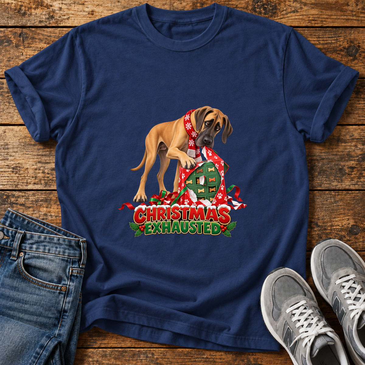Christmas Exhausted Great Dane graphic T-shirt in Navy, shown on a flat-lay shirt mockup