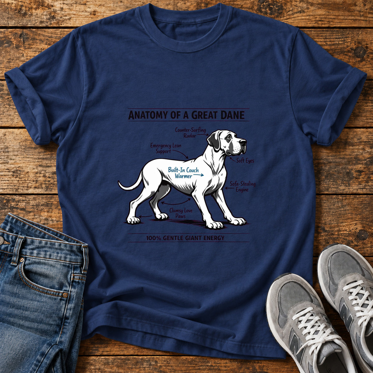 Gentle Giant Energy Great Dane graphic T-shirt in Navy, shown on a flat-lay shirt mockup
