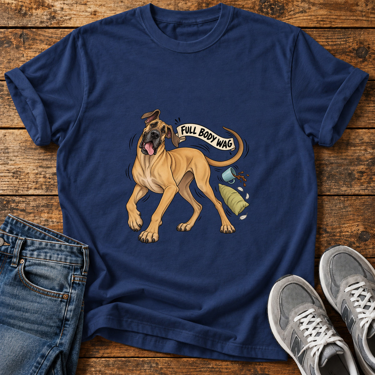 Full Body Wag Great Dane graphic T-shirt in Navy, shown on a flat-lay shirt mockup