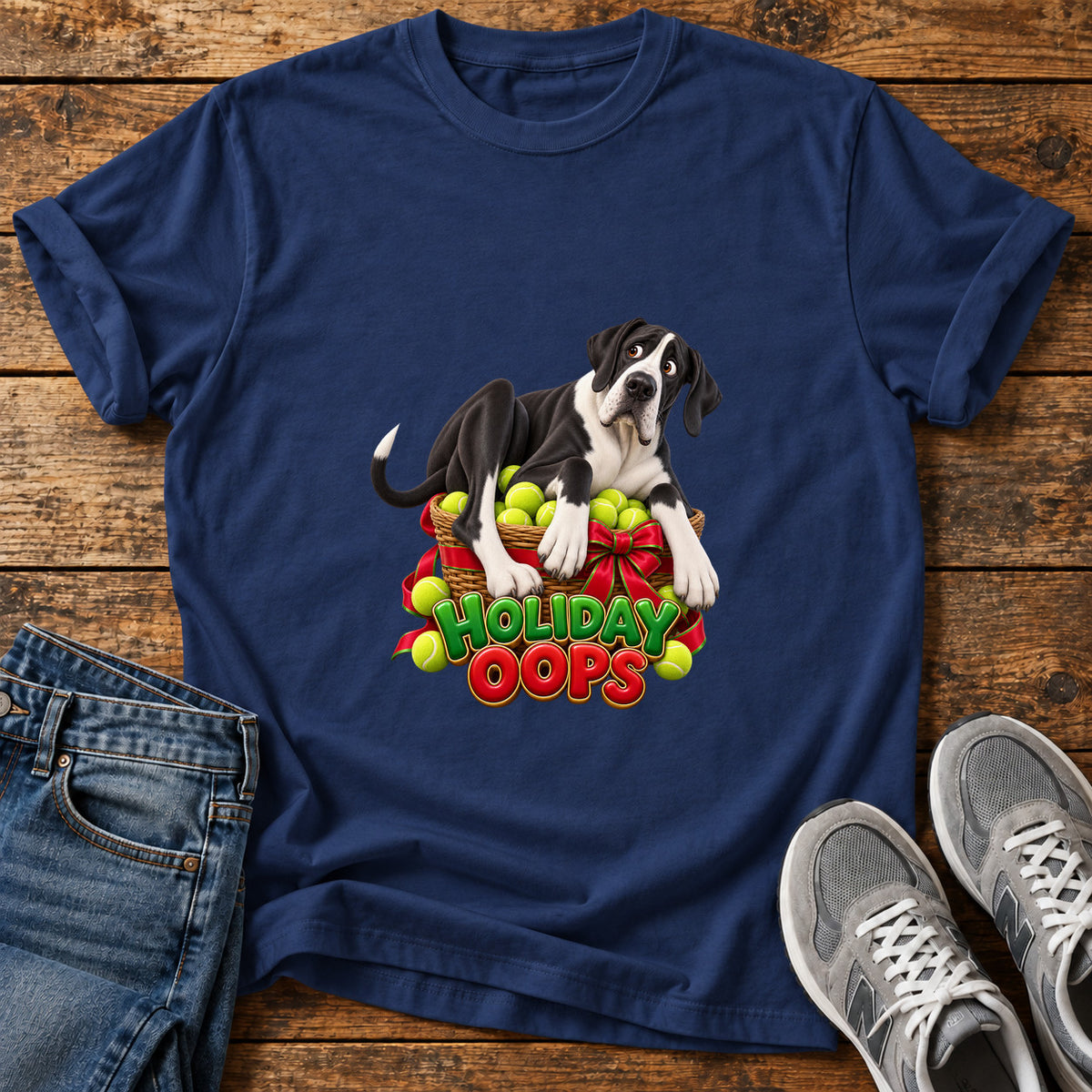 Holiday Oops Great Dane graphic T-shirt in Navy, shown on a flat-lay shirt mockup