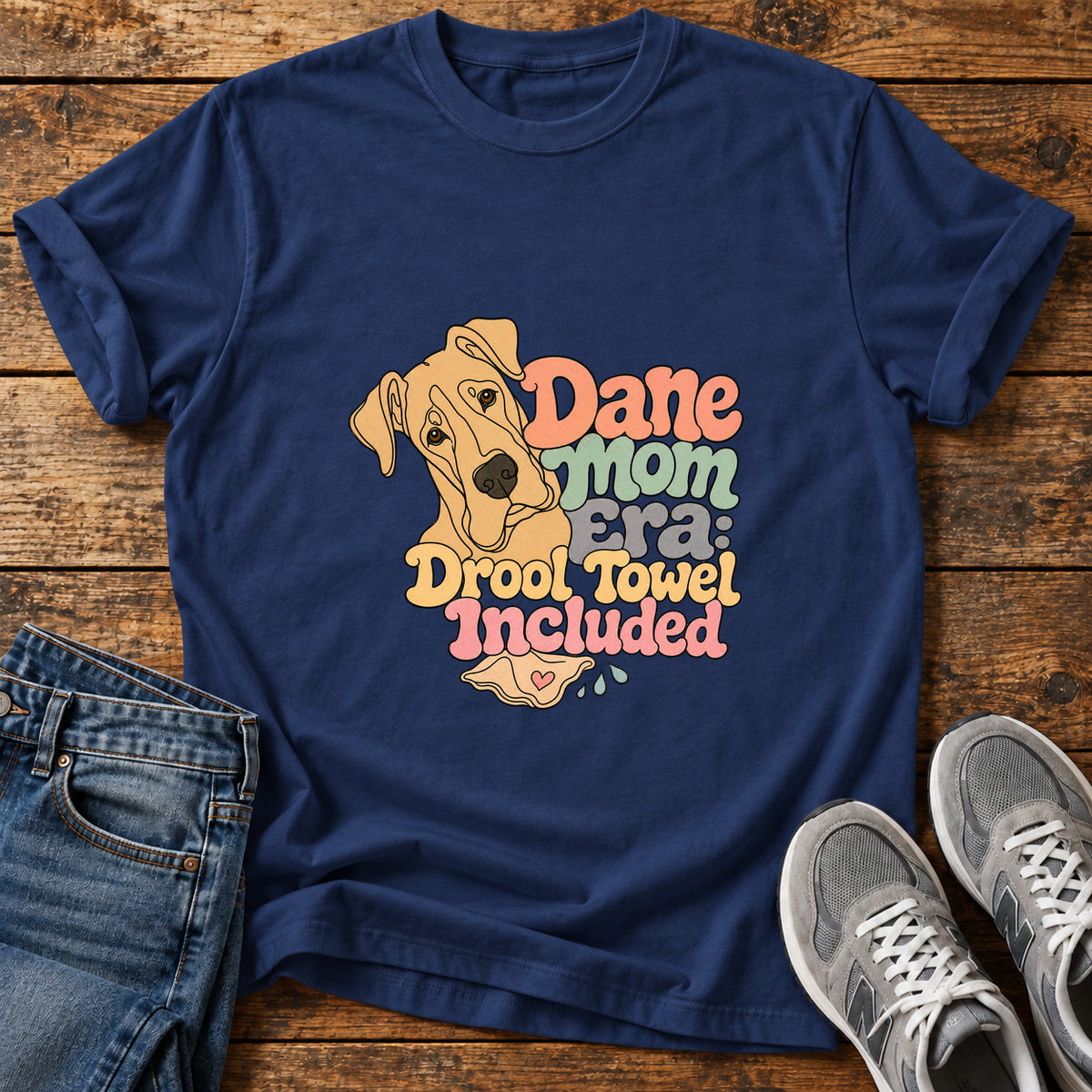 Dane Mom Era Great Dane graphic T-shirt in Navy, shown on a flat-lay shirt mockup