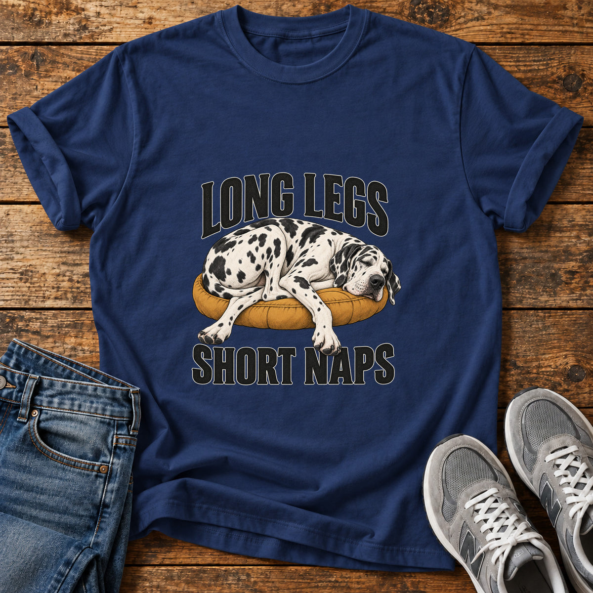 Long Legs Naps Great Dane graphic T-shirt in Navy, shown on a flat-lay shirt mockup