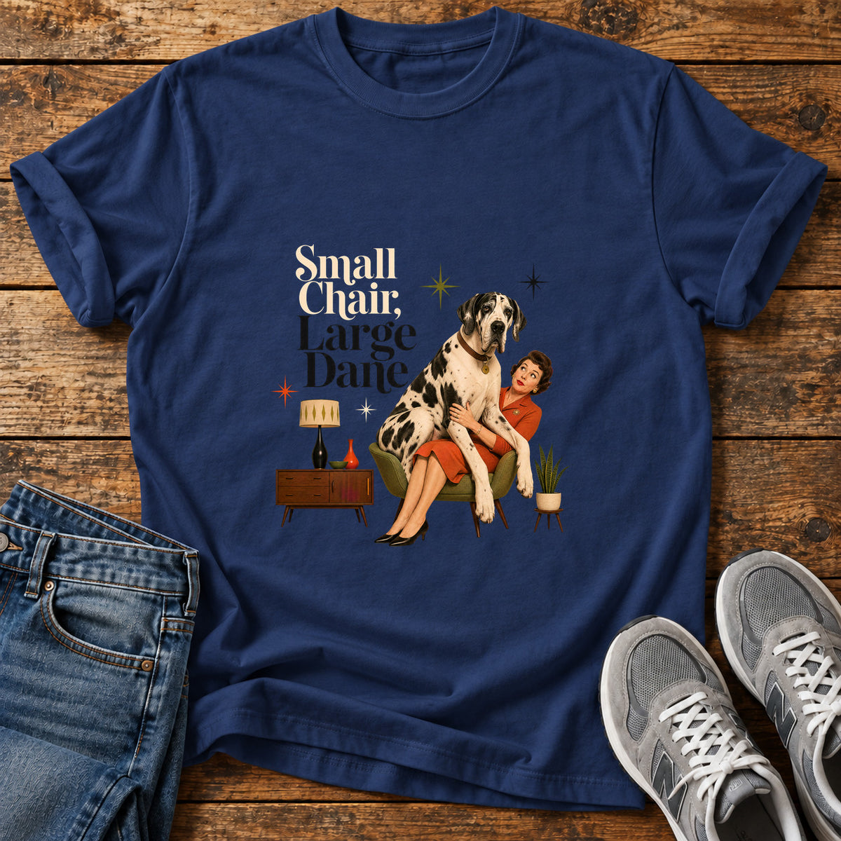 Small Chair Great Dane graphic T-shirt in Navy, shown on a flat-lay shirt mockup