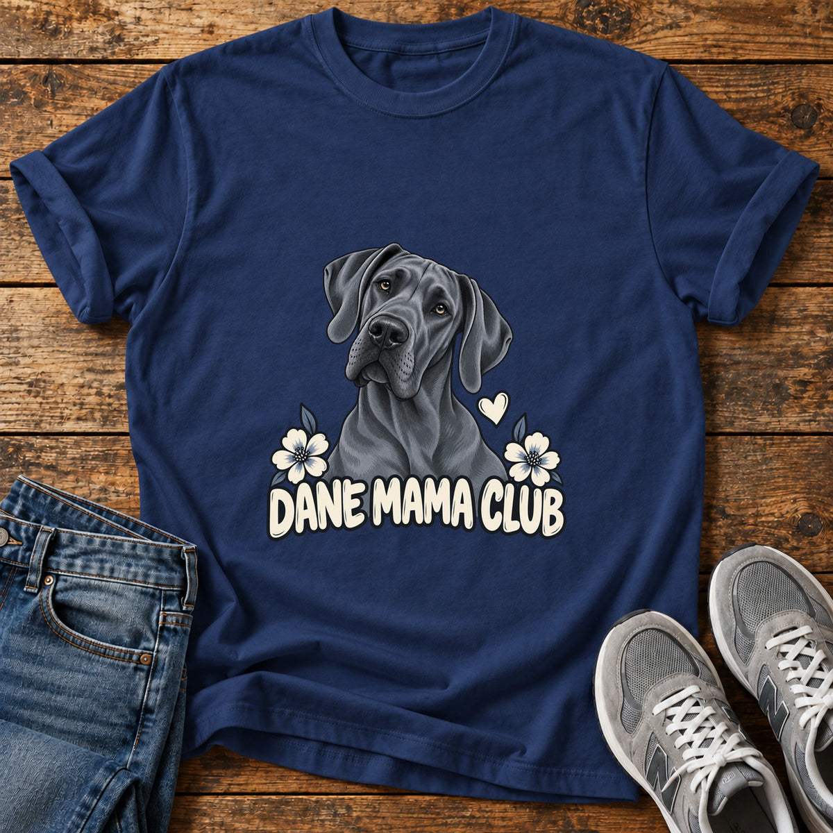 Dane Mama Club Great Dane graphic T-shirt in Navy, shown on a flat-lay shirt mockup