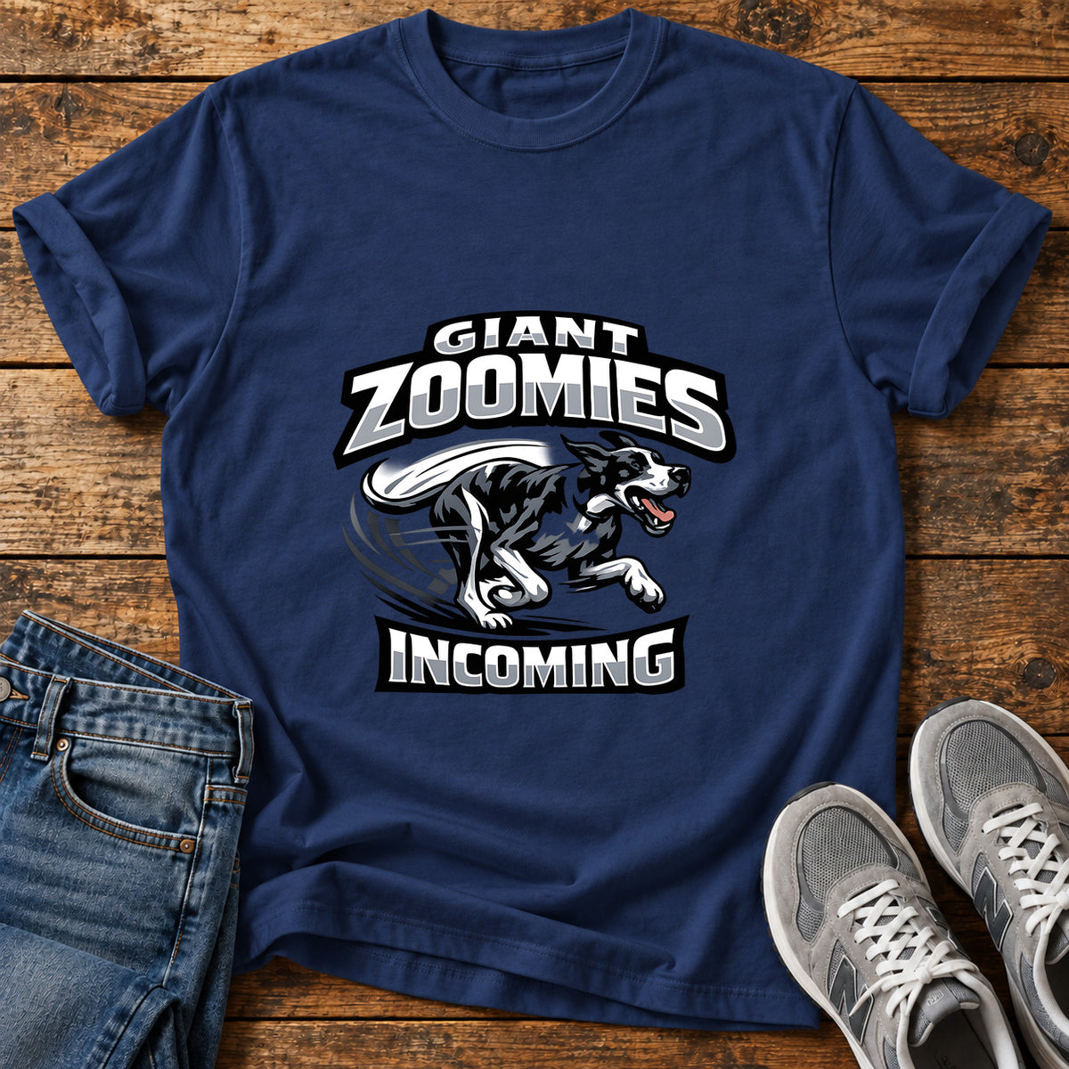 Giant Zoomies Great Dane graphic T-shirt in Navy, shown on a flat-lay shirt mockup