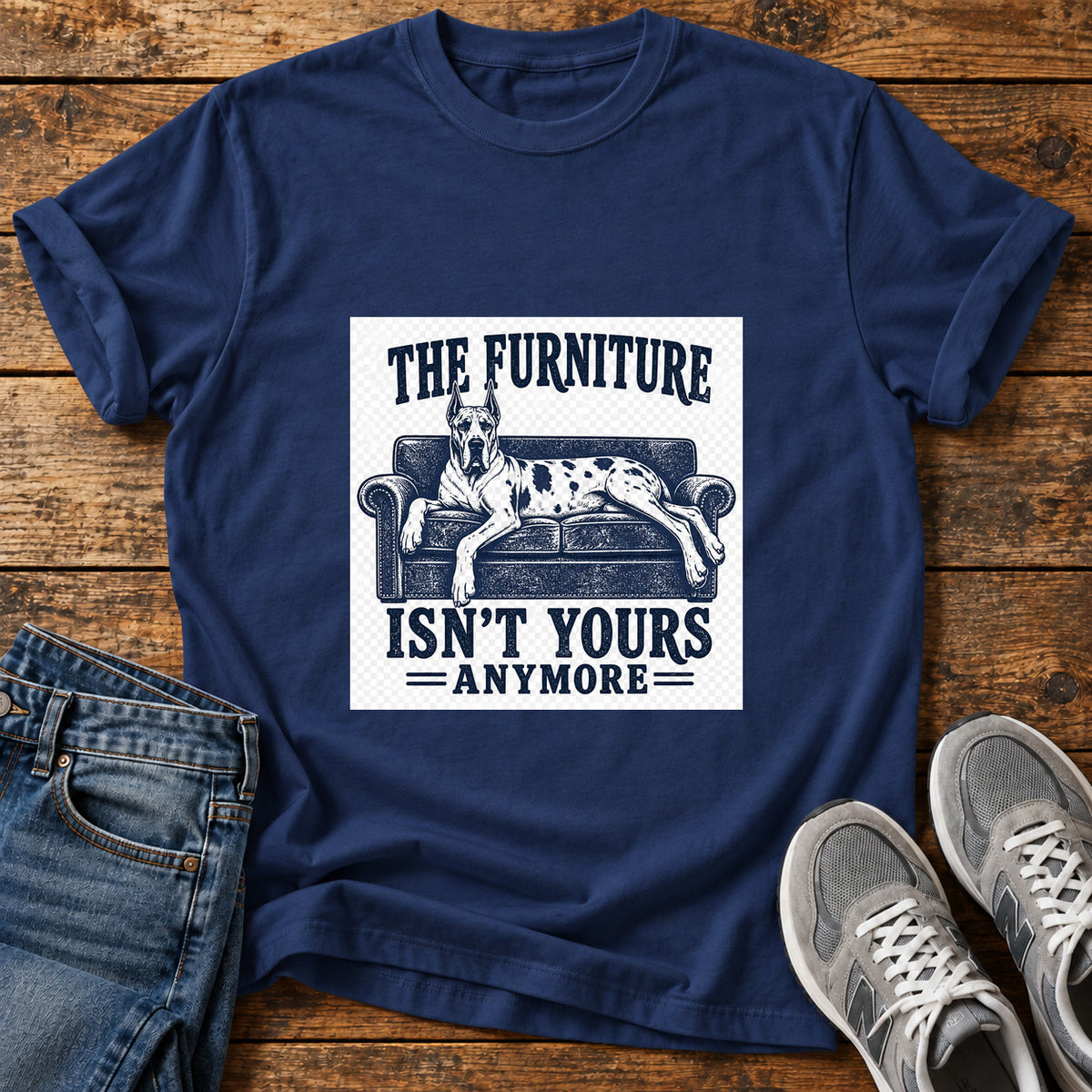 Furniture Takeover Great Dane graphic T-shirt in Navy, shown on a flat-lay shirt mockup