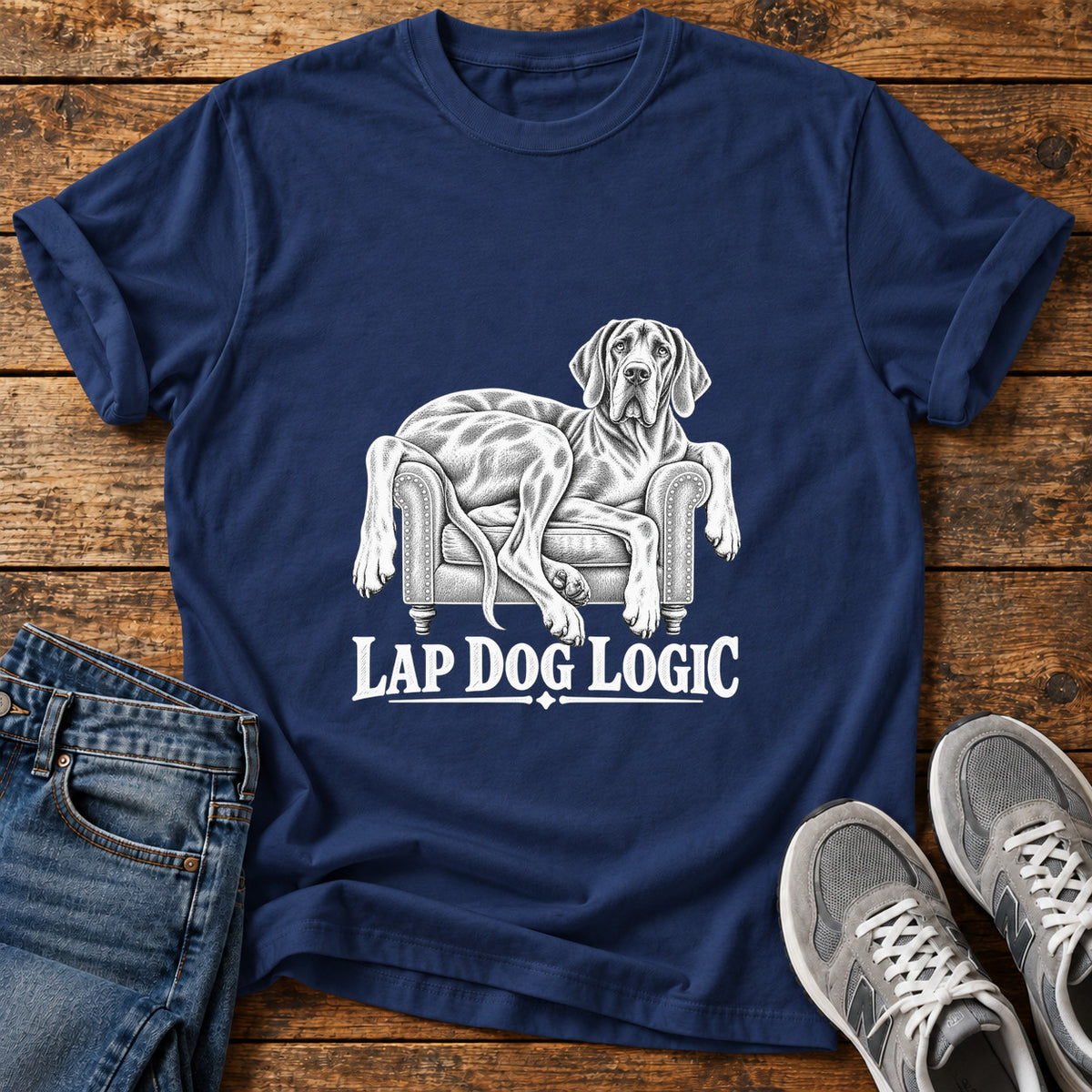 Lap Dog Logic Great Dane graphic T-shirt in Navy, shown on a flat-lay shirt mockup