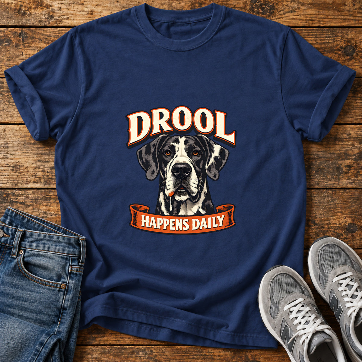 Drool Happens Daily Great Dane graphic T-shirt in Navy, shown on a flat-lay shirt mockup