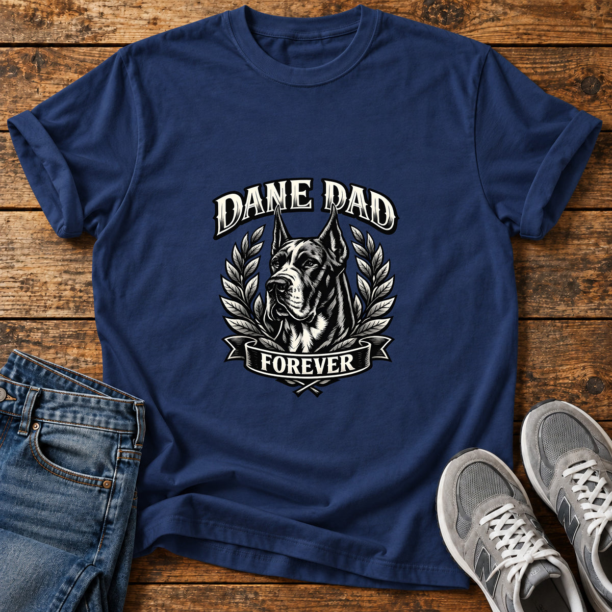Dane Dad Forever Great Dane graphic T-shirt in Navy, shown on a flat-lay shirt mockup