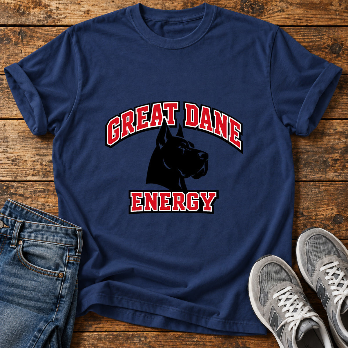 Great Dane Energy graphic T-shirt in Navy, shown on a flat-lay shirt mockup