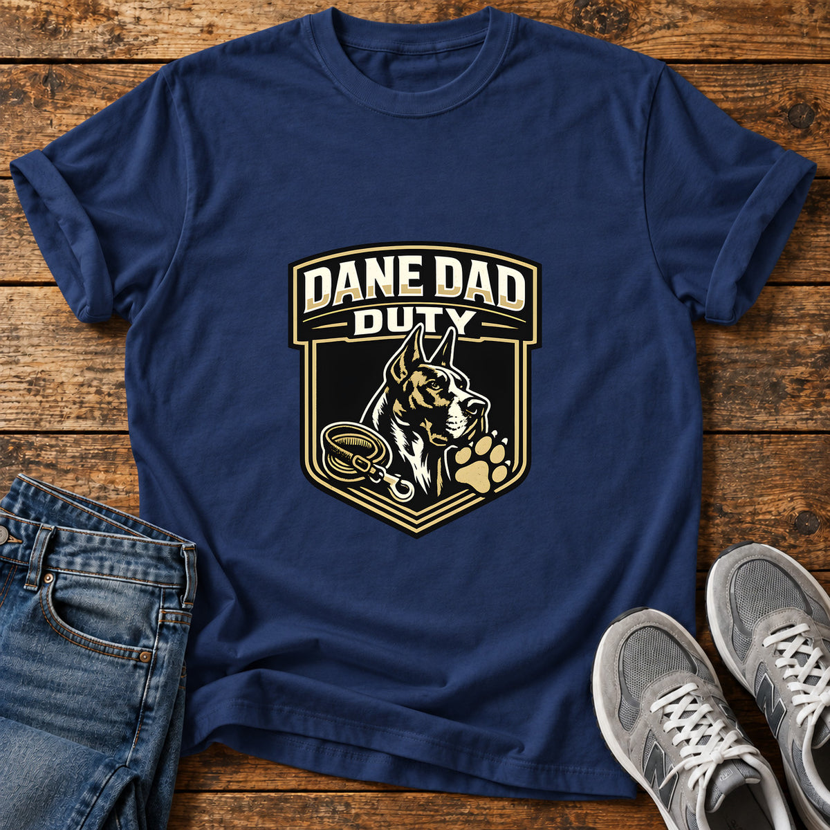 Dane Dad Duty Great Dane graphic T-shirt in Navy, shown on a flat-lay shirt mockup